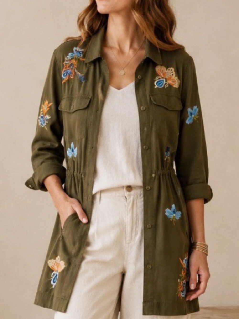 Chico's Floral Embroidered Utility Jacket Olive Green Button Front